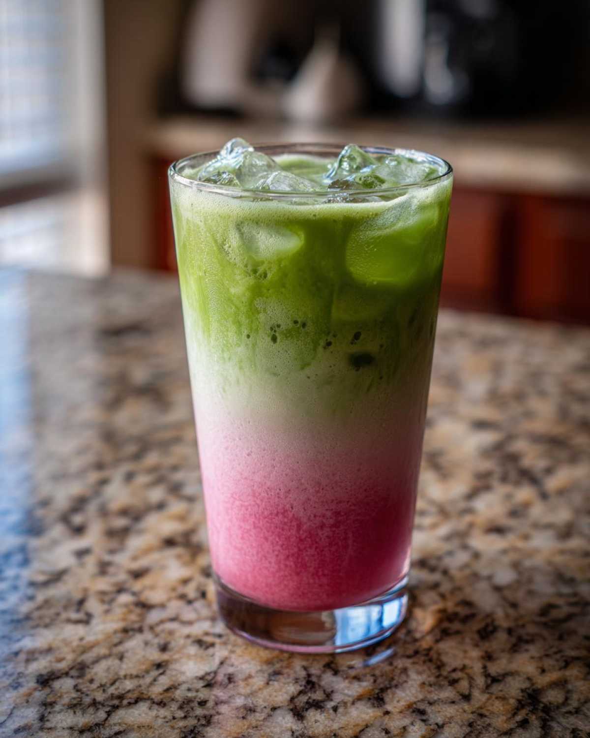 A tall glass showing the layered colors of an Iced Strawberry Matcha Latte with ice cubes on top.