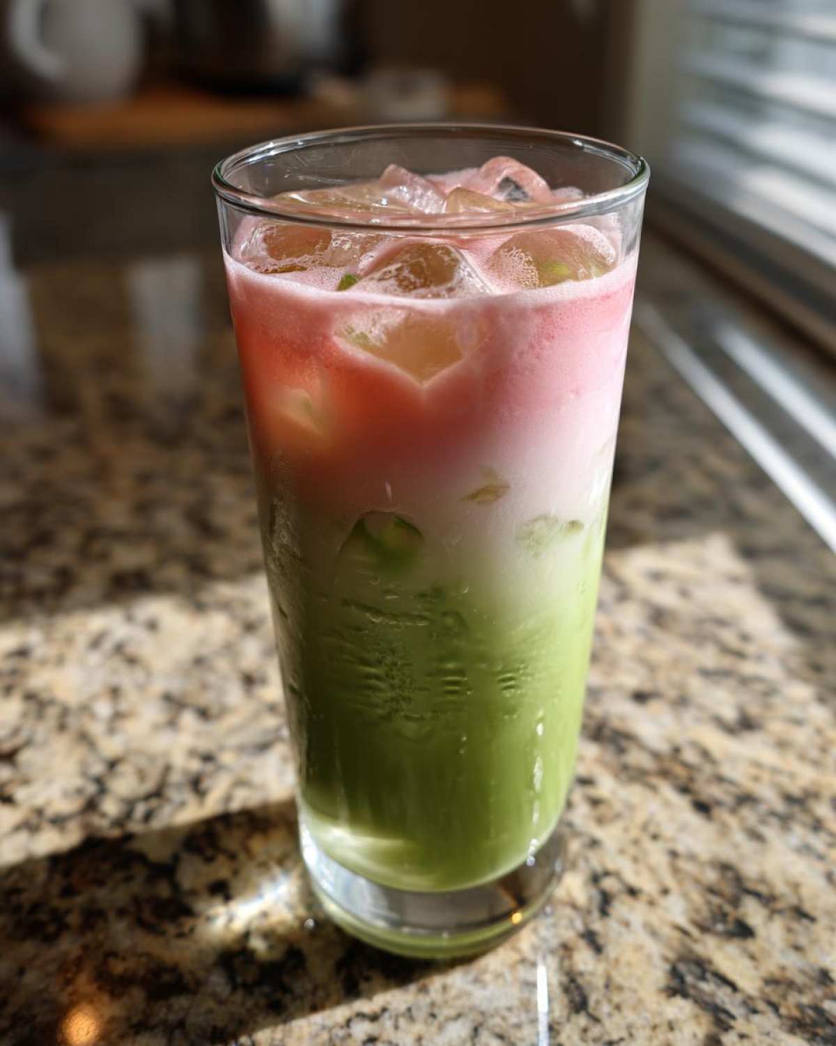 A tall glass showing the distinct layers of an Iced Strawberry Matcha Latte: green matcha at the bottom, white milk, and pink strawberry foam on top, filled with ice.