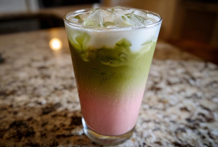A tall glass showing a layered Iced Strawberry Matcha Latte with pink strawberry base, green matcha, and ice.