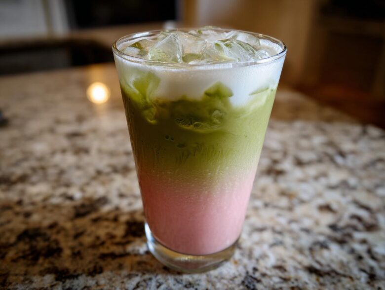 A tall glass showing a layered Iced Strawberry Matcha Latte with pink strawberry base, green matcha, and ice.