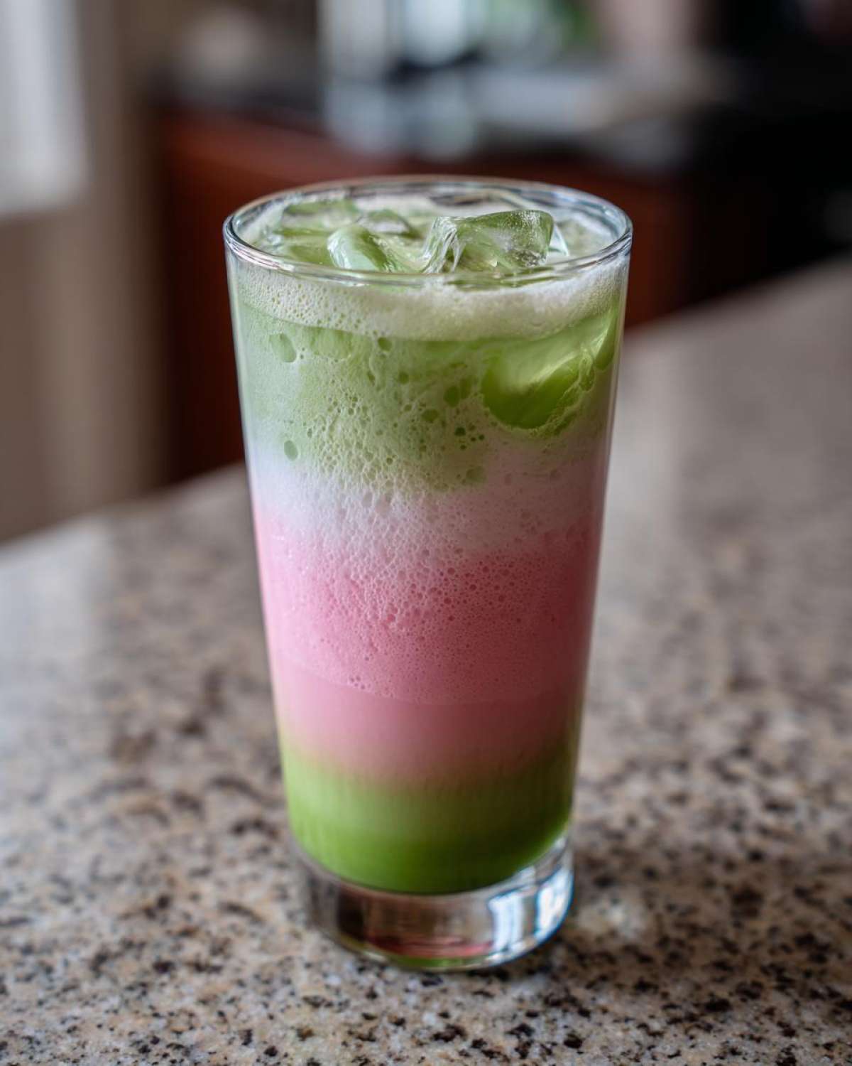 A tall glass showing the distinct layers of an Iced Strawberry Matcha Latte with green matcha, pink strawberry milk, and ice cubes.