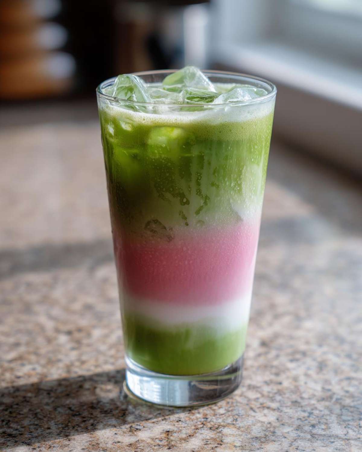 A tall glass showing the distinct layers of an Iced Strawberry Matcha Latte: green matcha, pink strawberry, and white milk.