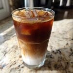 A tall glass of layered Iced Vanilla Chai Latte with ice, showing milk at the bottom and dark chai concentrate on top.
