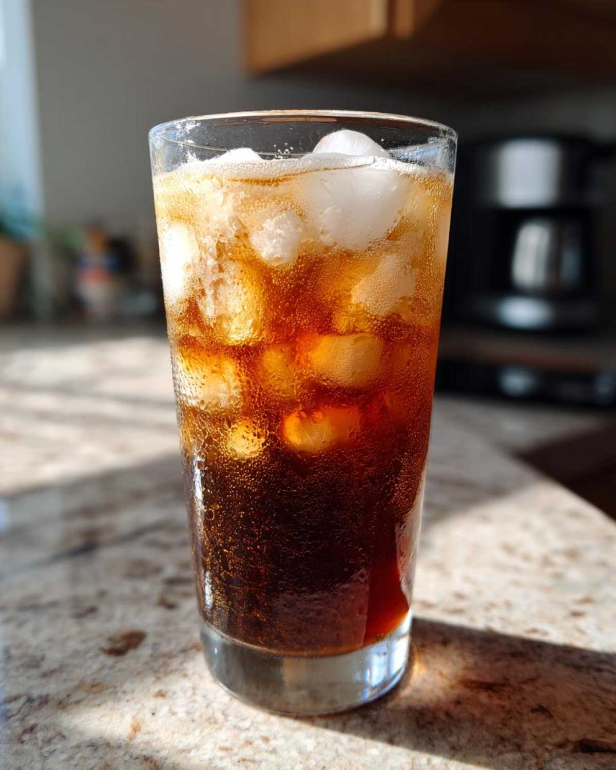 A tall glass filled with a dark amber Iced Vanilla Chai Latte and ice, showing condensation on the glass.