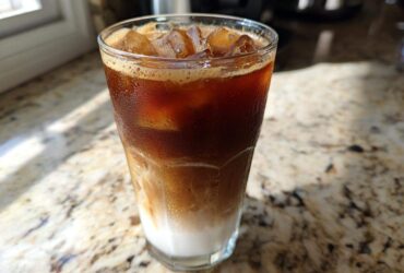 A tall glass of layered Iced Vanilla Chai Latte with ice, showing milk at the bottom and dark chai concentrate on top.