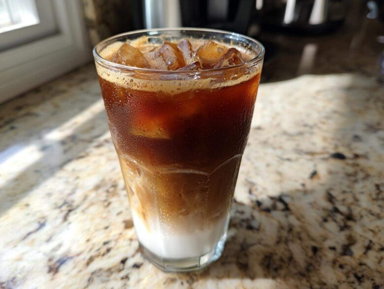 A tall glass of layered Iced Vanilla Chai Latte with ice, showing milk at the bottom and dark chai concentrate on top.
