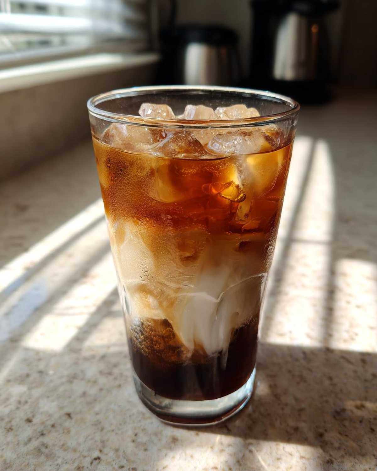A tall glass of Iced Vanilla Chai Latte showing layers of dark tea, white milk, and ice cubes.