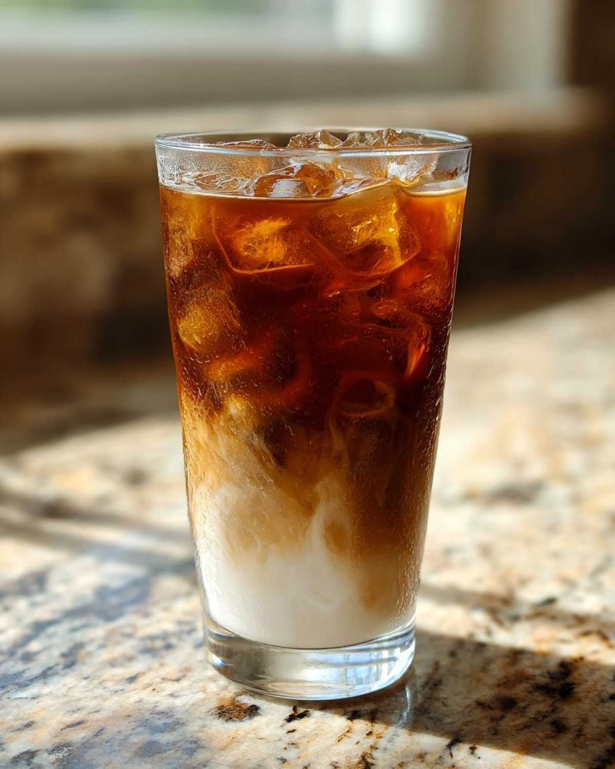 A tall glass showing the distinct layers of an Iced Vanilla Chai Latte with milk at the bottom and dark chai tea swirling with ice.