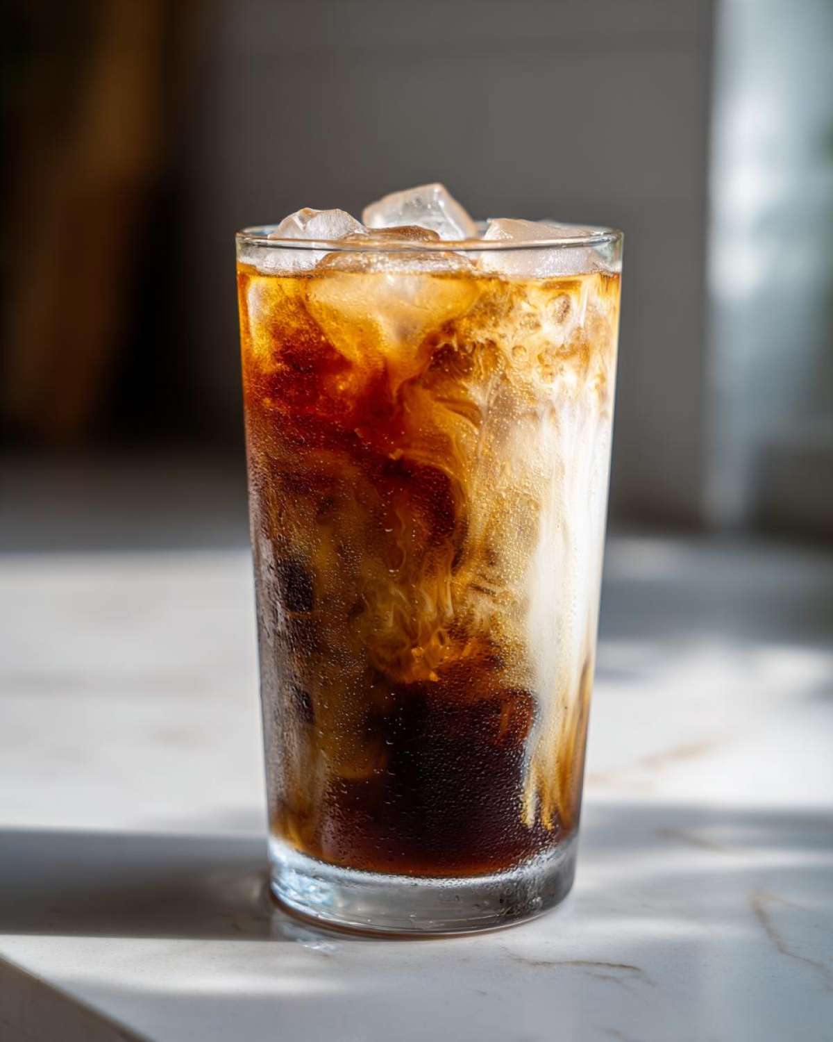 Close-up of a tall glass containing an Iced Vanilla Chai Latte with ice cubes, showing rich swirls of dark tea and white cream.