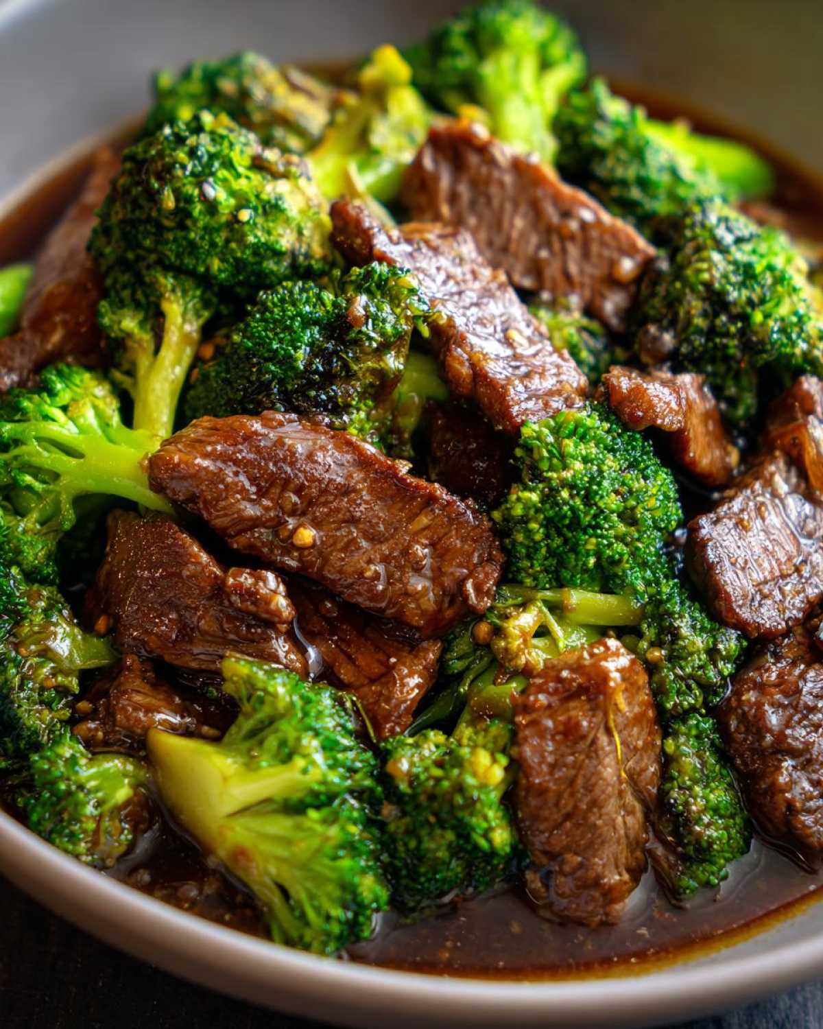 A close-up shot of tender beef slices mixed with bright green broccoli florets coated in a rich brown sauce, showcasing the Instant Pot Beef and Broccoli.