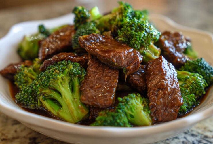 Close-up of tender beef slices coated in savory sauce mixed with bright green broccoli florets in a white bowl, showcasing Instant Pot Beef and Broccoli.