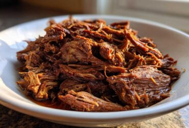 Close-up of tender, shredded Instant Pot Beef Barbacoa glistening with sauce in a white bowl.