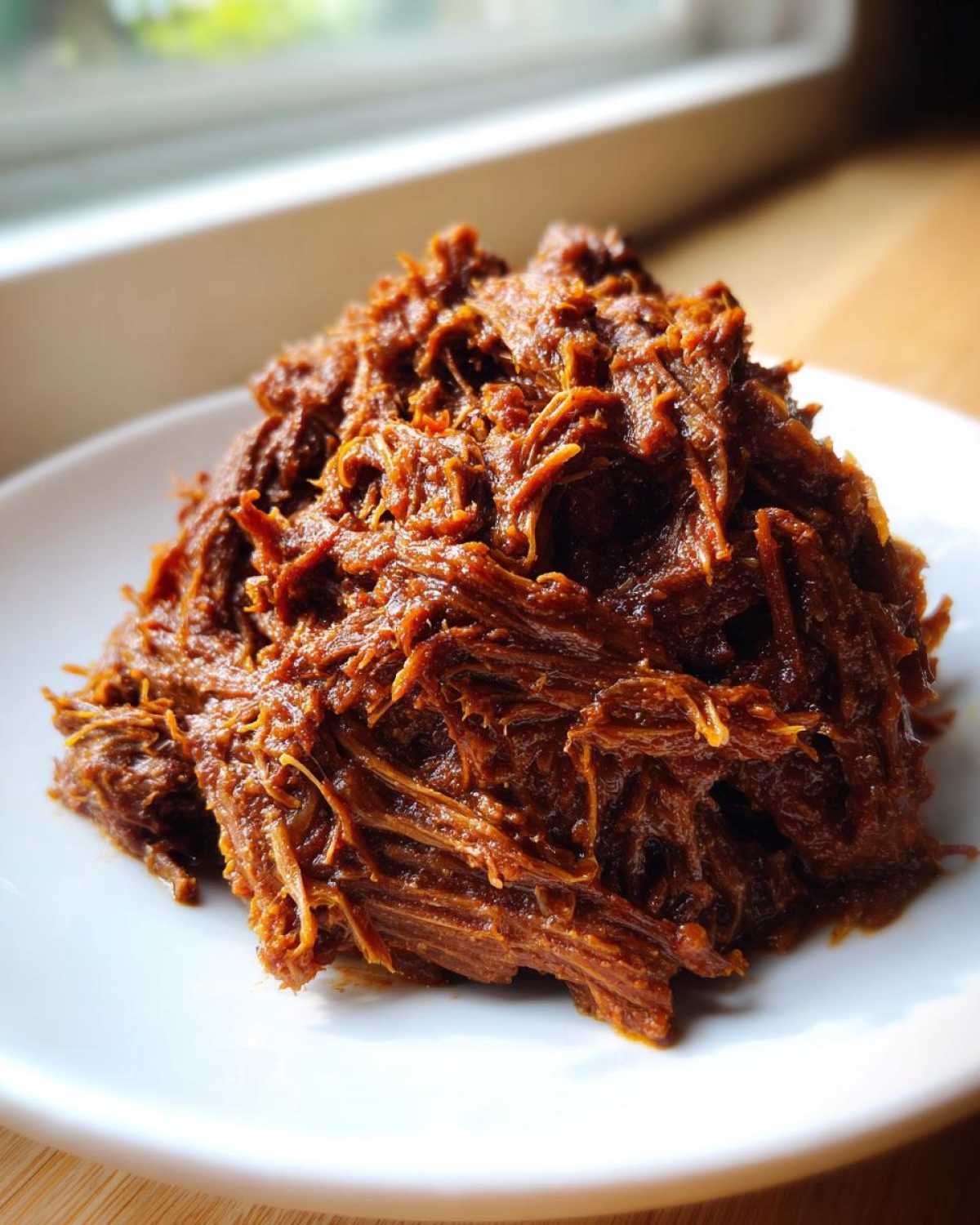 A close-up of richly seasoned, shredded Instant Pot Beef Barbacoa piled high on a white plate.