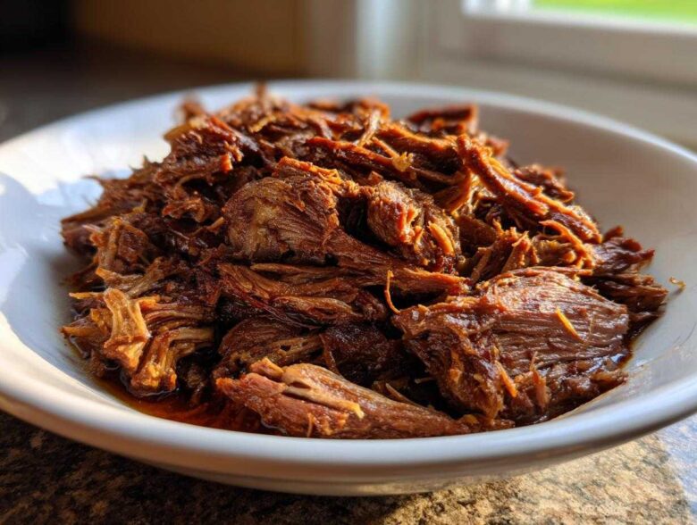 Close-up of tender, shredded Instant Pot Beef Barbacoa glistening with sauce in a white bowl.
