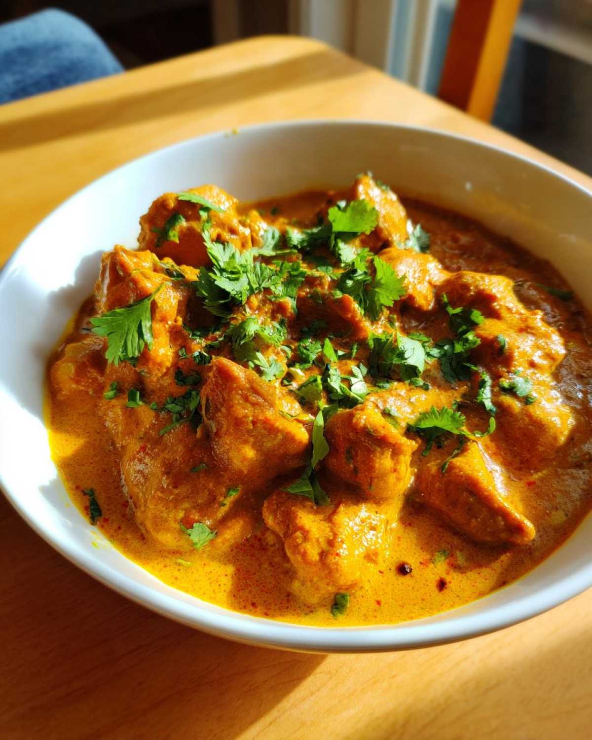 Close-up of rich, creamy Instant Pot Butter Chicken garnished with fresh cilantro.