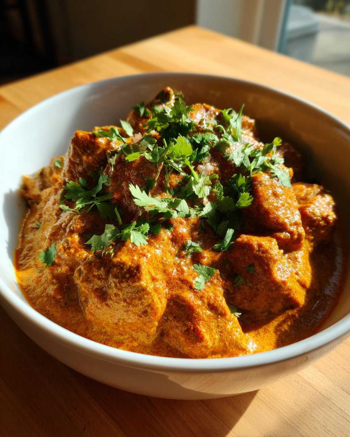 Close-up of creamy, orange Instant Pot Butter Chicken garnished with fresh cilantro.