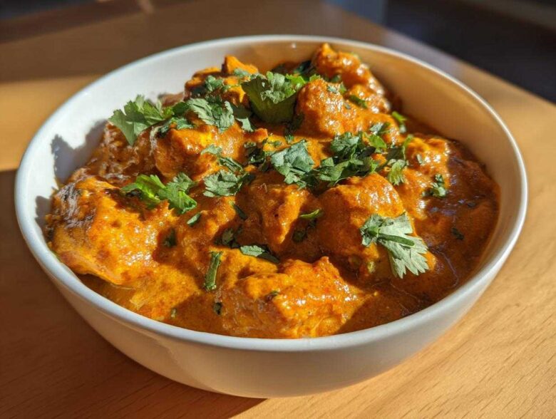 A close-up of vibrant orange Instant Pot Butter Chicken garnished with fresh cilantro in a white bowl.