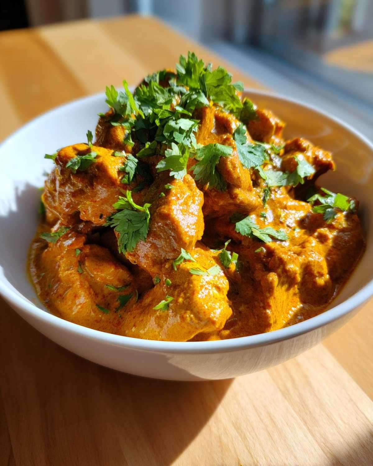 Close-up of rich, orange Instant Pot Butter Chicken garnished generously with fresh cilantro.