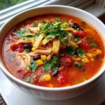 Close-up of a vibrant bowl of Instant Pot Chicken Tortilla Soup topped with shredded chicken, corn, beans, cilantro, and tortilla strips.