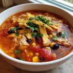 A close-up of a white bowl filled with vibrant Instant Pot Chicken Tortilla Soup, topped with tortilla strips and cilantro.