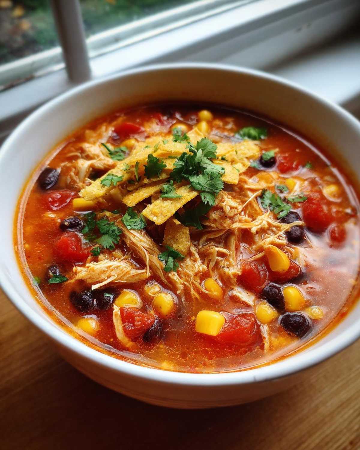A close-up of a white bowl filled with vibrant Instant Pot Chicken Tortilla Soup, topped with shredded chicken, corn, beans, and tortilla strips.