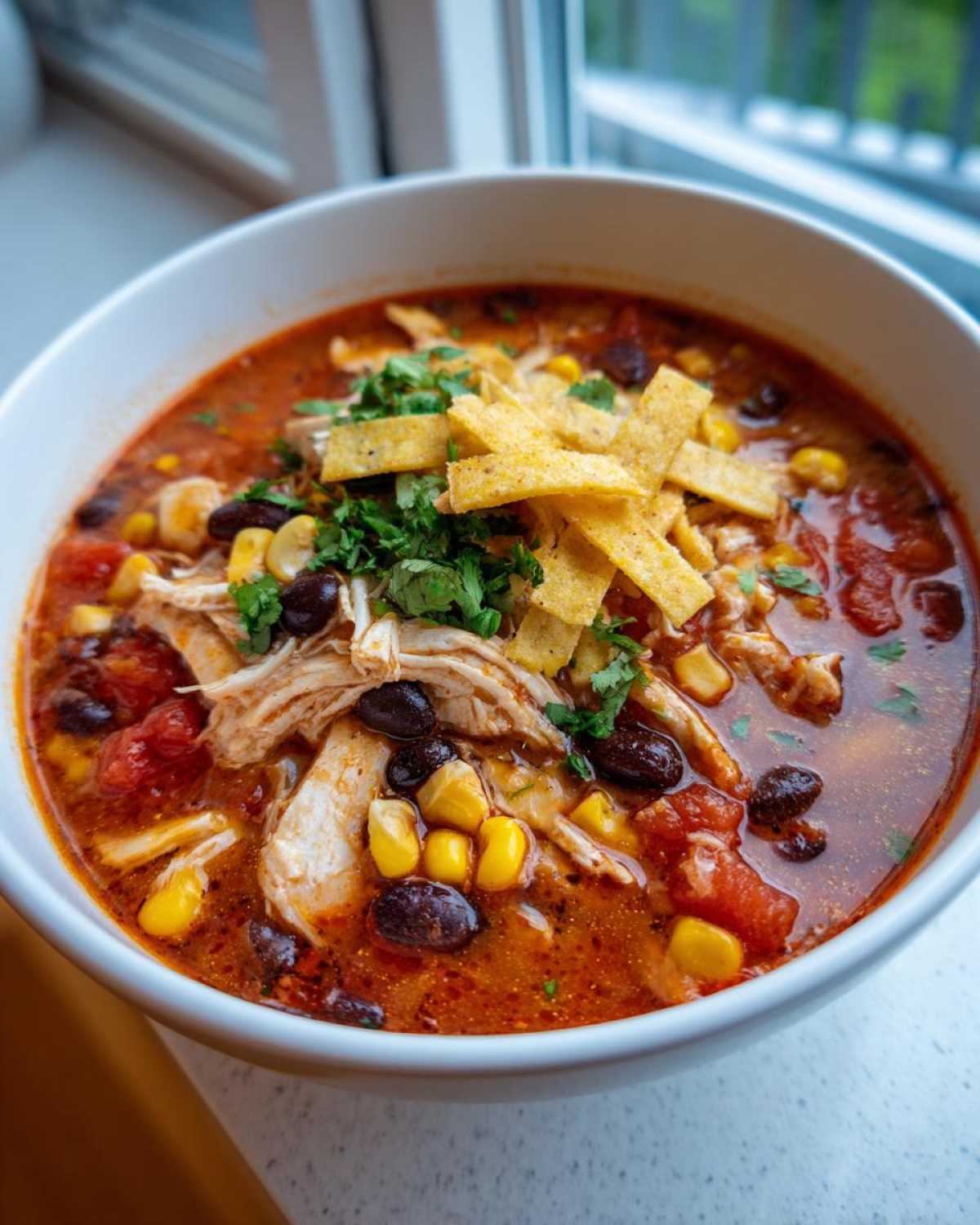A close-up of a bowl of rich Instant Pot Chicken Tortilla Soup topped with shredded chicken, black beans, corn, and tortilla strips.