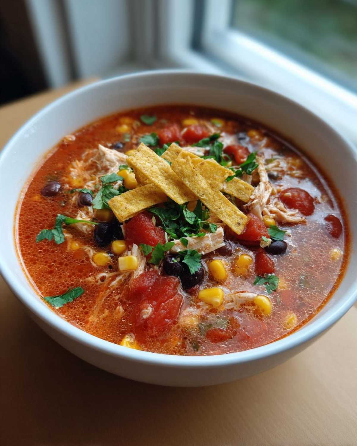 A close-up of a white bowl filled with rich, red Instant Pot Chicken Tortilla Soup, topped with shredded chicken, beans, corn, tomatoes, cilantro, and tortilla strips.
