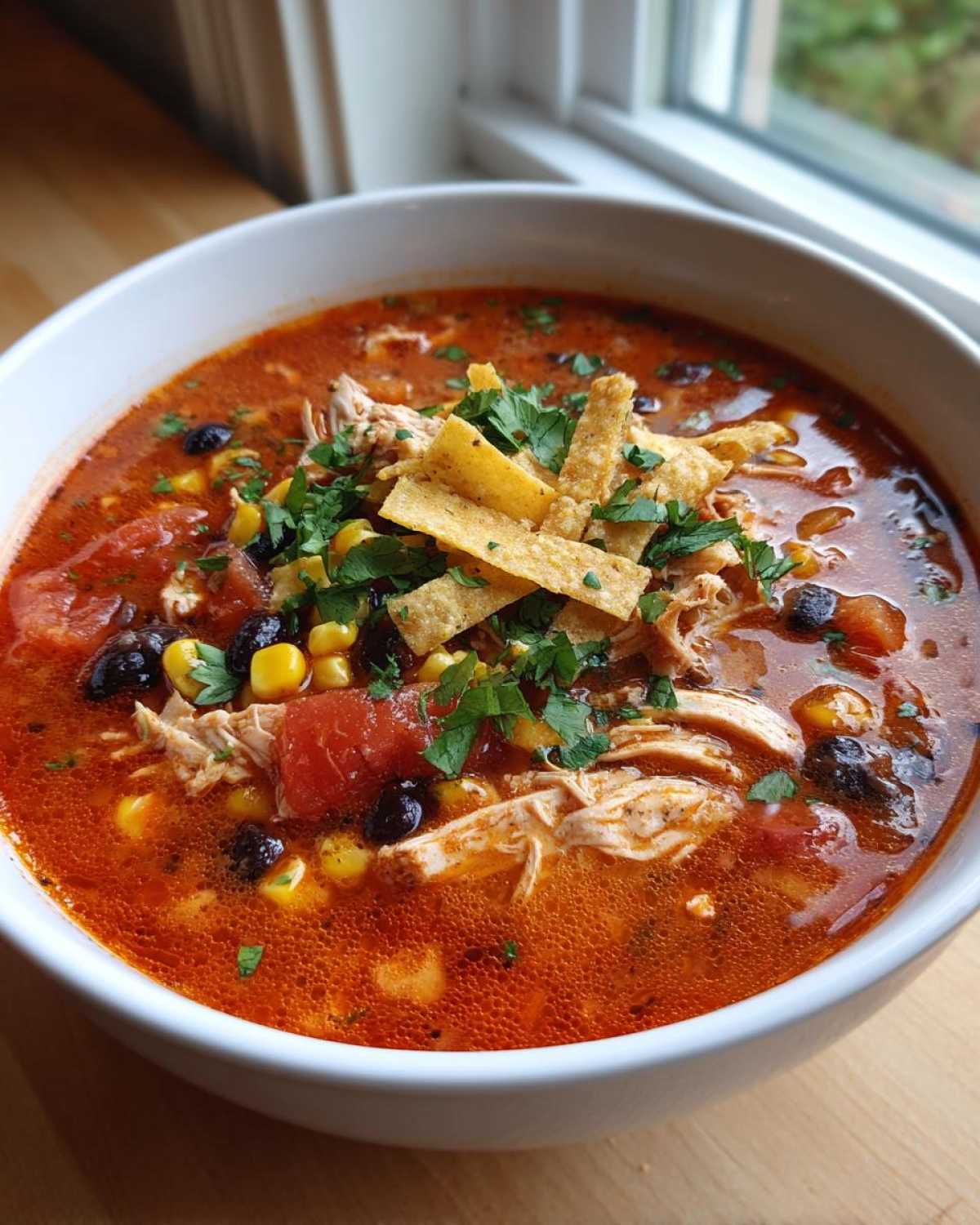 A close-up of a white bowl filled with rich, red Instant Pot Chicken Tortilla Soup, topped with shredded chicken, corn, beans, and tortilla strips.
