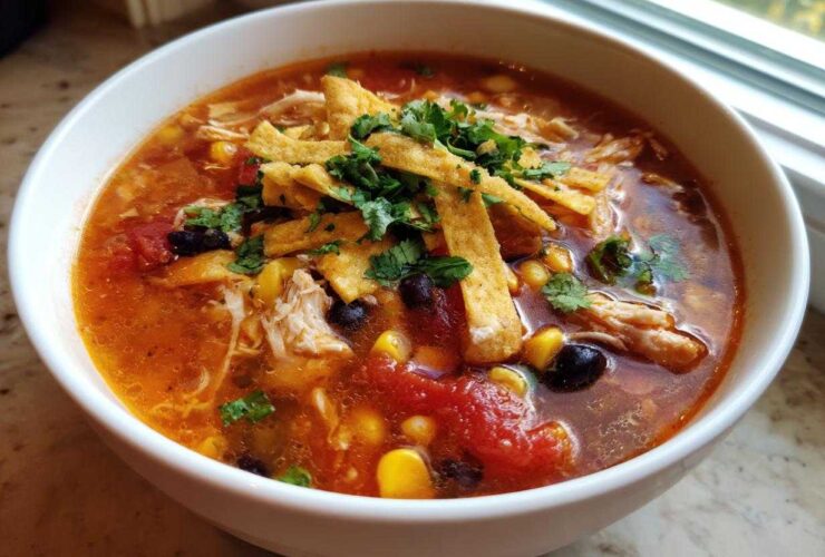 A close-up of a white bowl filled with vibrant Instant Pot Chicken Tortilla Soup, topped with tortilla strips and cilantro.