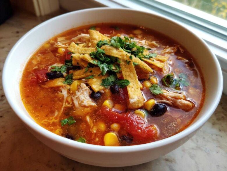 A close-up of a white bowl filled with vibrant Instant Pot Chicken Tortilla Soup, topped with tortilla strips and cilantro.
