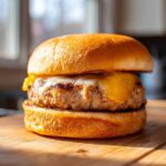 Close-up of a juicy Air Fryer Turkey Burger patty topped with melted cheddar and white cheese on a toasted bun.