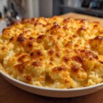 Close-up of a white dish filled with bubbling Keto Cauliflower Mac and Cheese, featuring a golden-brown, cheesy crust.