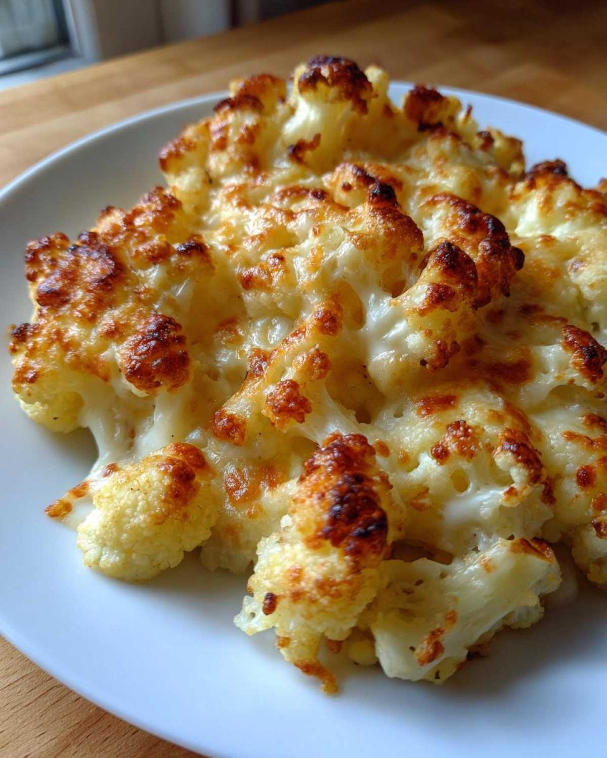 Close-up of baked Keto Cauliflower Mac and Cheese with browned, bubbly cheese topping.