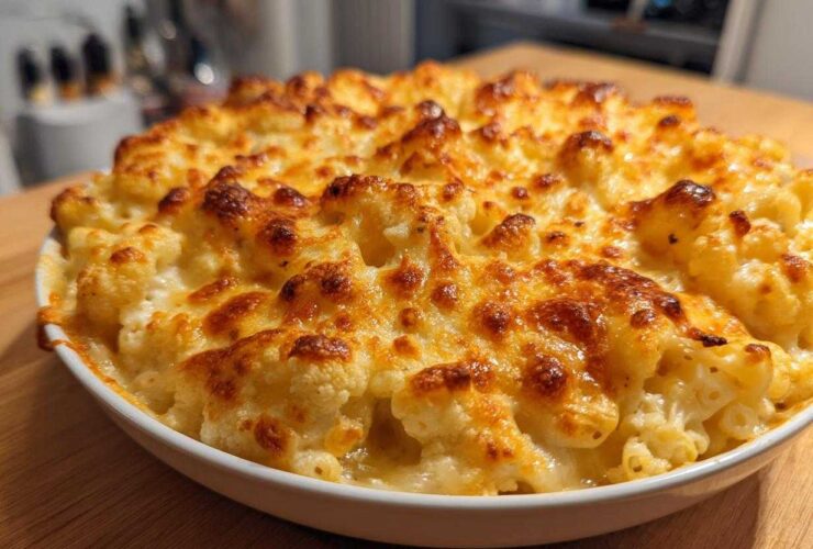Close-up of a white dish filled with bubbling Keto Cauliflower Mac and Cheese, featuring a golden-brown, cheesy crust.