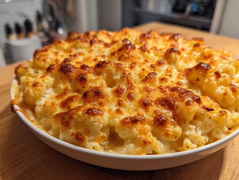 Close-up of a white dish filled with bubbling Keto Cauliflower Mac and Cheese, featuring a golden-brown, cheesy crust.