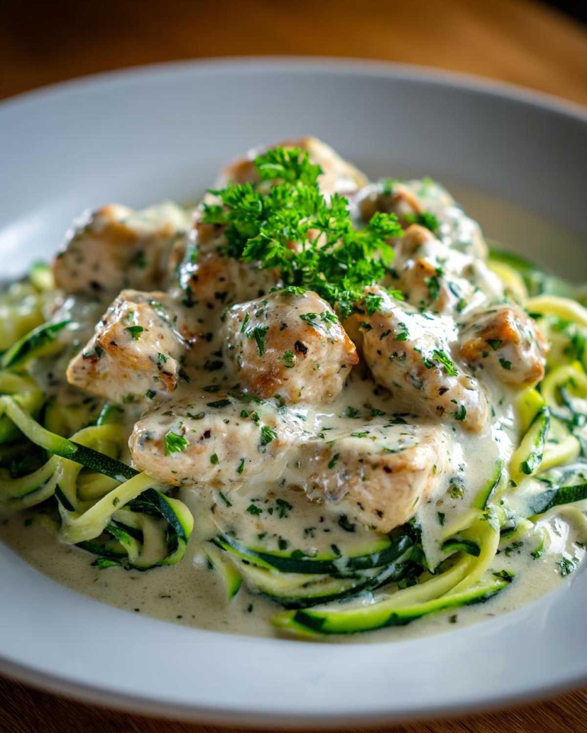 Close-up of Keto Chicken Alfredo featuring seared chicken pieces in creamy sauce over zucchini noodles, topped with parsley.