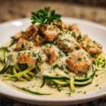 Close-up of Keto Chicken Alfredo served over zucchini noodles (zoodles) with creamy sauce and parsley.