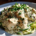 Close-up of Keto Chicken Alfredo featuring chunks of chicken in a creamy sauce over zucchini noodles, topped with fresh parsley.
