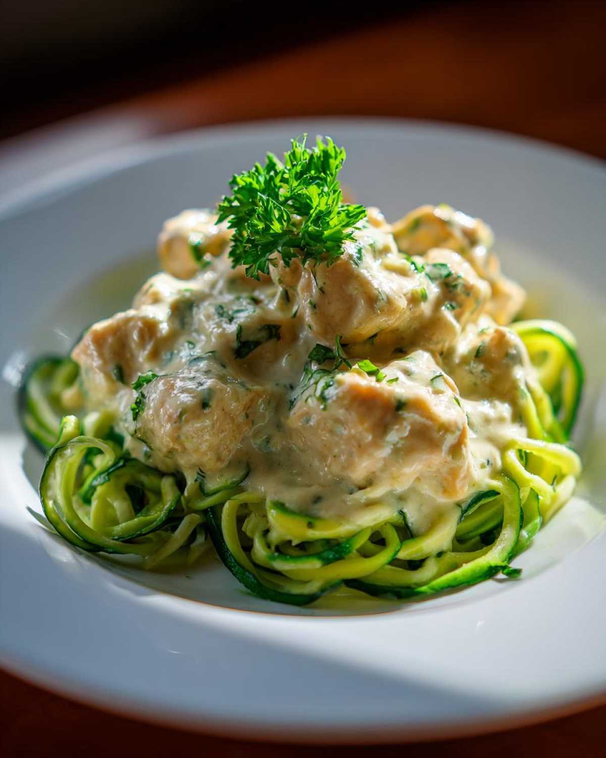 Close-up of Keto Chicken Alfredo served over bright green zucchini noodles, topped with parsley.