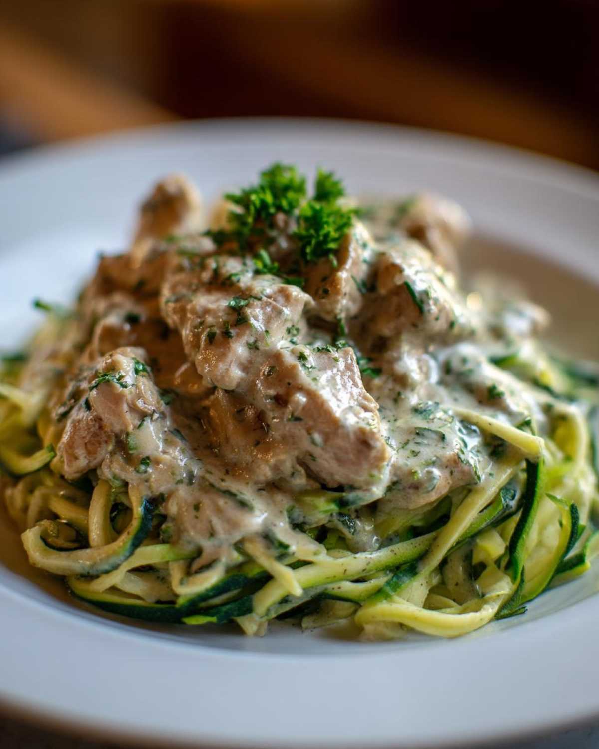 Close-up of Keto Chicken Alfredo served over bright green zucchini noodles, topped with parsley.