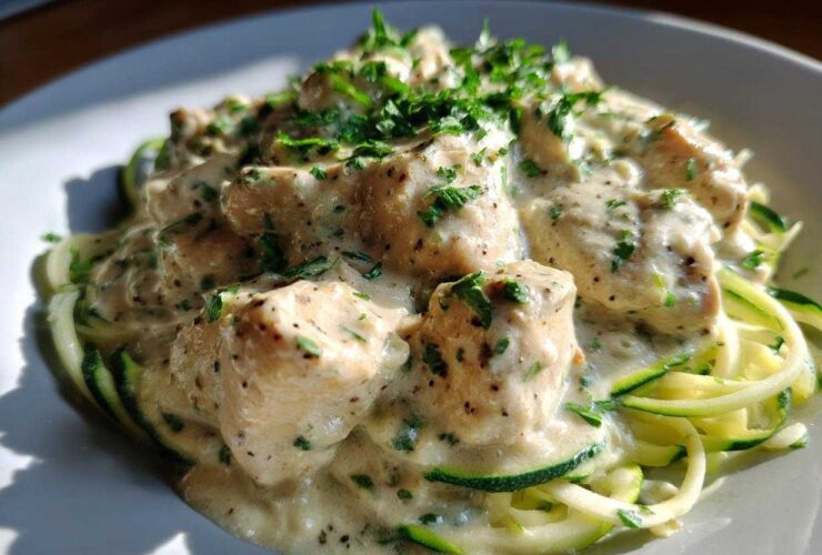 Close-up of Keto Chicken Alfredo featuring chunks of chicken in a creamy sauce over zucchini noodles, topped with fresh parsley.