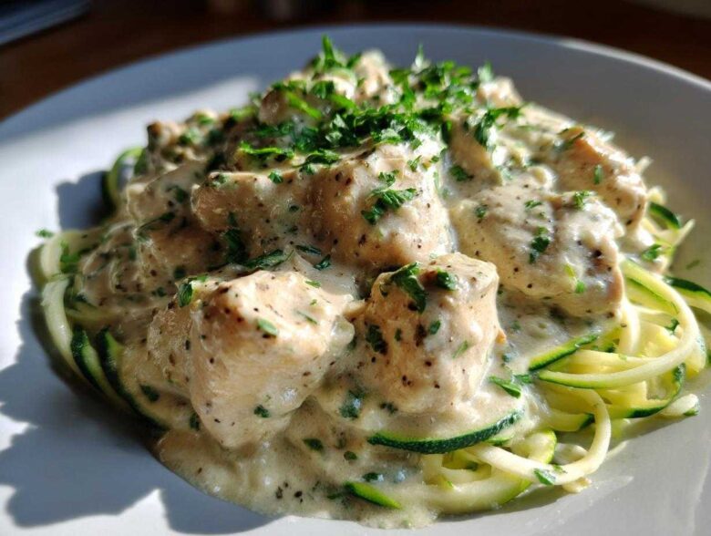 Close-up of Keto Chicken Alfredo featuring chunks of chicken in a creamy sauce over zucchini noodles, topped with fresh parsley.
