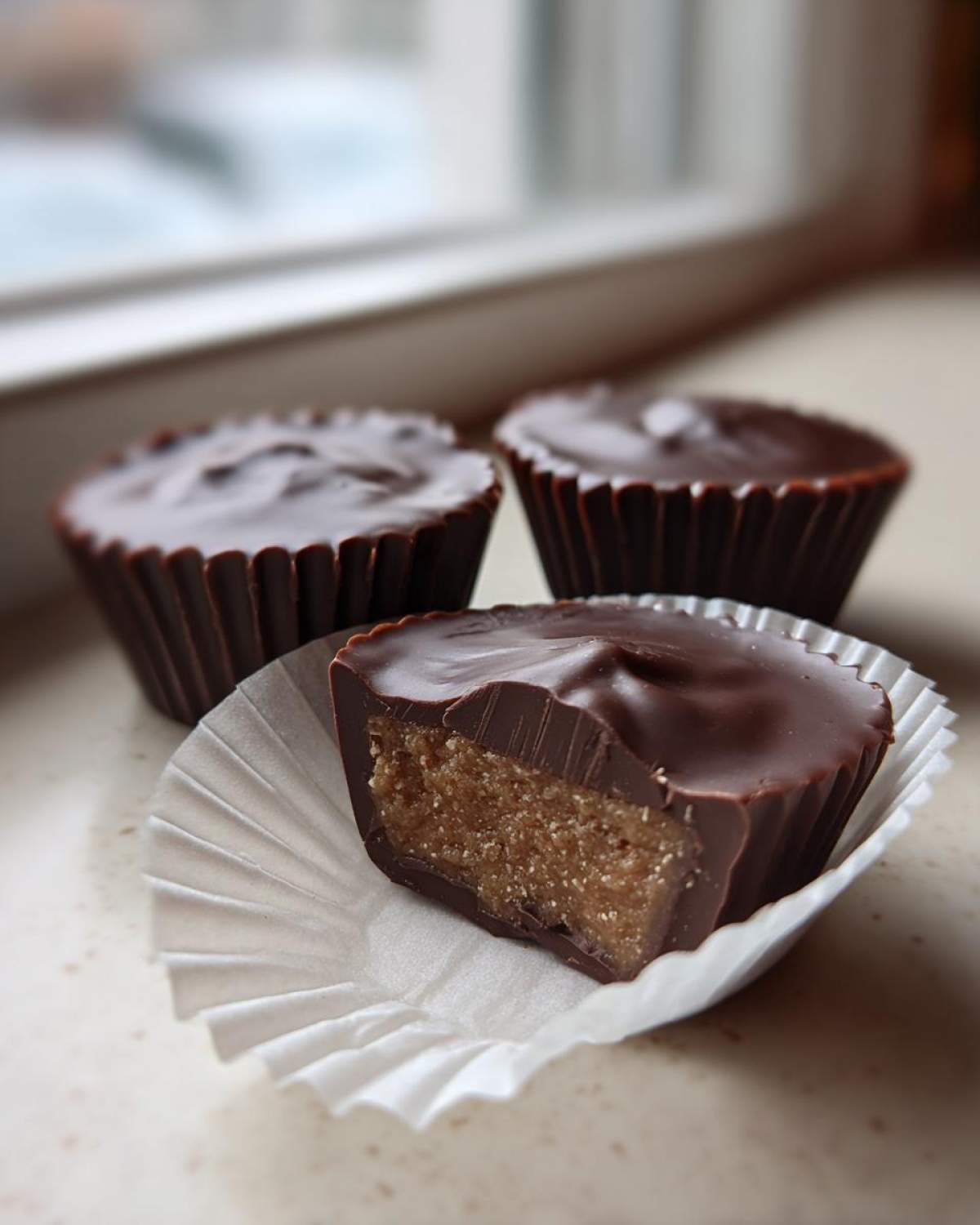 One Keto Chocolate Peanut Butter Fat Bomb is cut in half, revealing the creamy peanut butter filling inside the chocolate shell.
