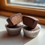Close-up of two Keto Chocolate Peanut Butter Fat Bombs, one cut in half showing the creamy peanut butter filling.