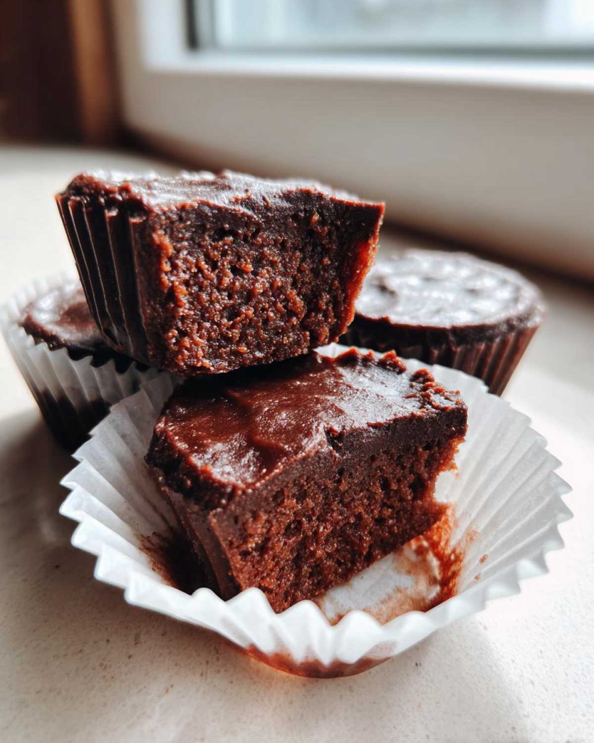 Two halves of a rich, dark chocolate Keto Chocolate Peanut Butter Fat Bomb cut open, showing the dense texture.