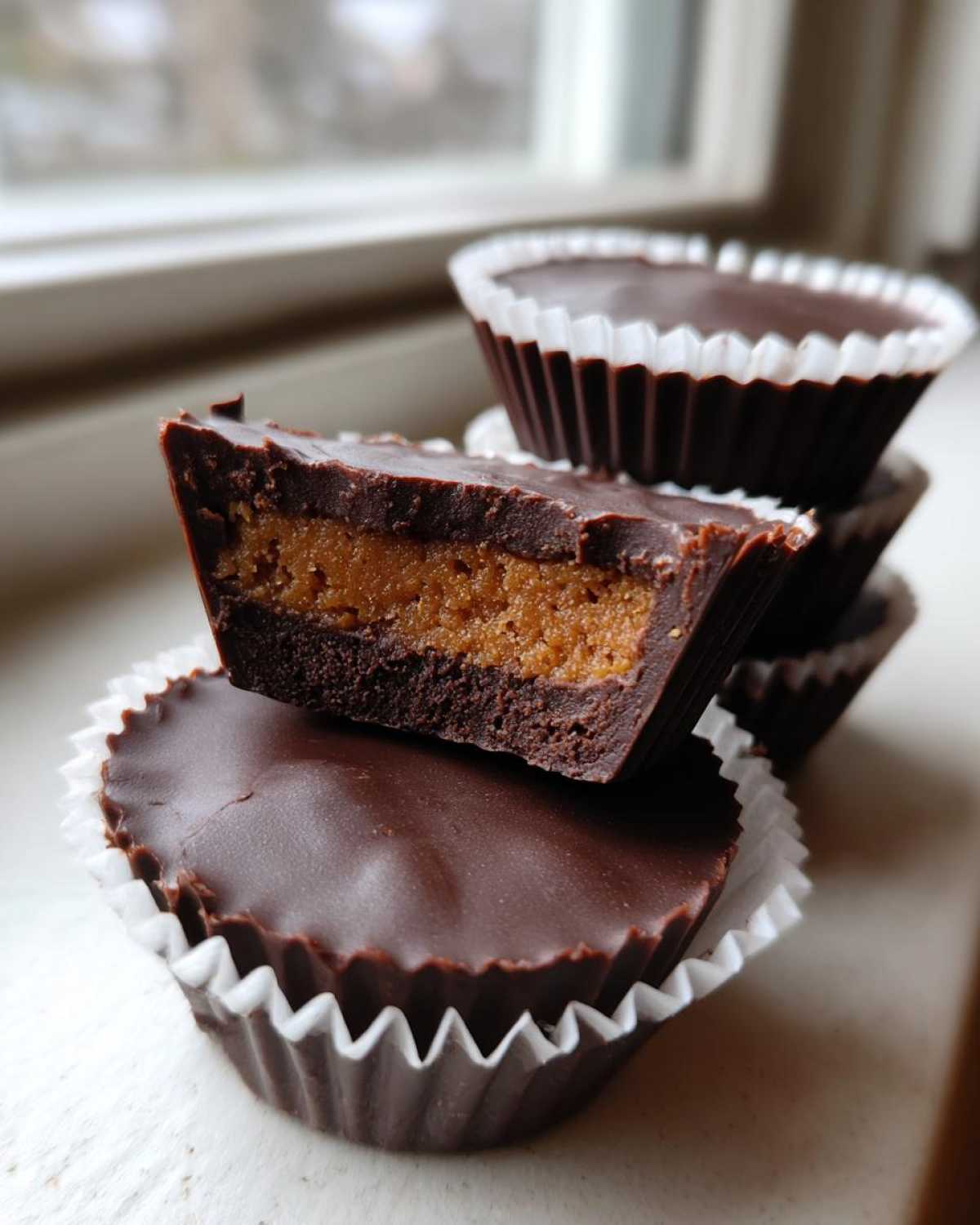 A stack of Keto Chocolate Peanut Butter Fat Bombs, with one cut in half showing the rich peanut butter filling inside the chocolate shell.
