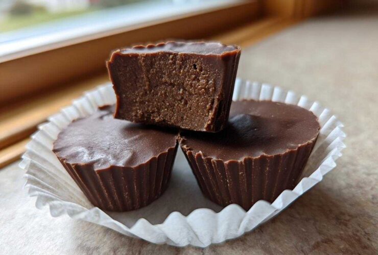 Three rich, dark chocolate Keto Chocolate Peanut Butter Fat Bombs in white paper liners, one cut open to show the dense filling.