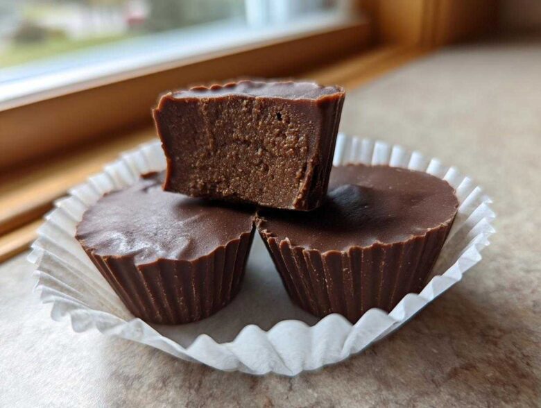 Three rich, dark chocolate Keto Chocolate Peanut Butter Fat Bombs in white paper liners, one cut open to show the dense filling.