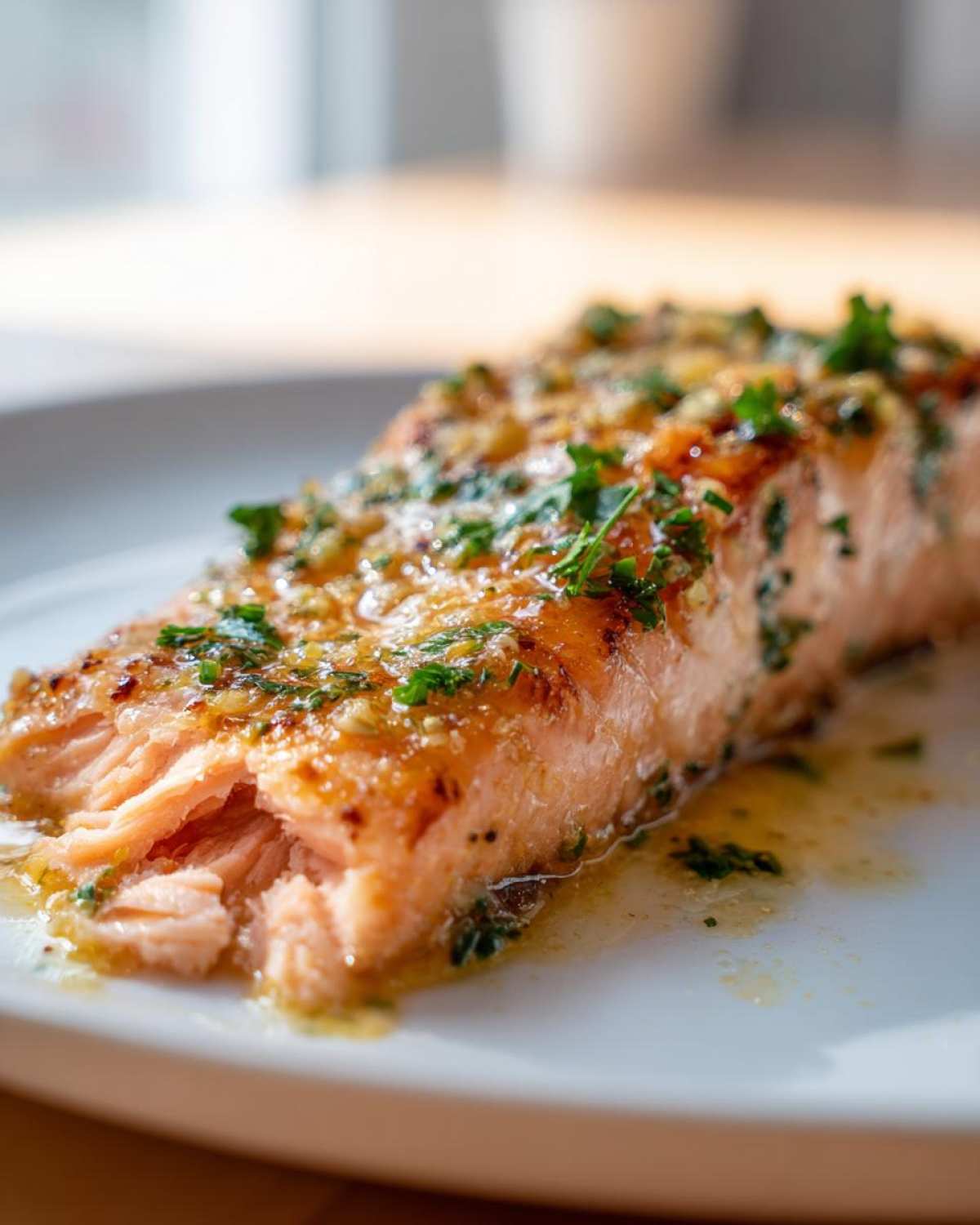 Close-up of a flaky, golden-brown Keto Garlic Butter Salmon fillet glistening with butter sauce and fresh parsley.