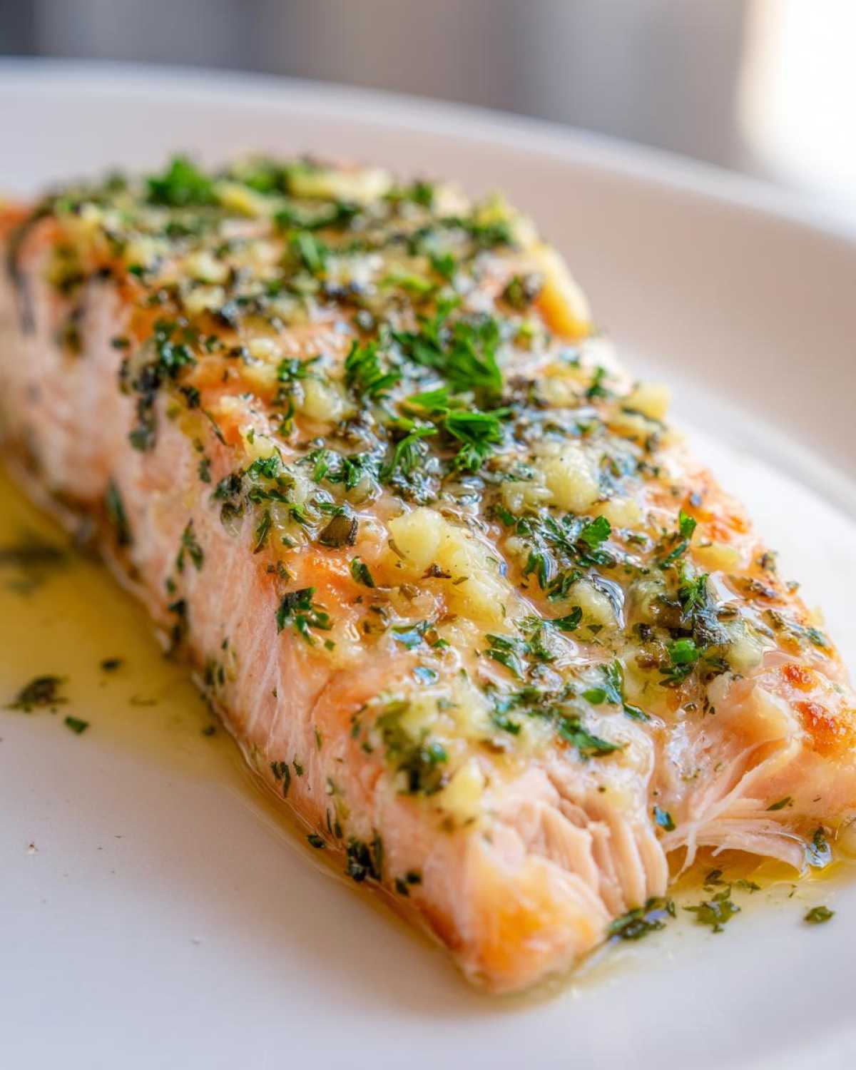 Close-up of a perfectly cooked Keto Garlic Butter Salmon fillet topped with melted butter, minced garlic, and fresh parsley.
